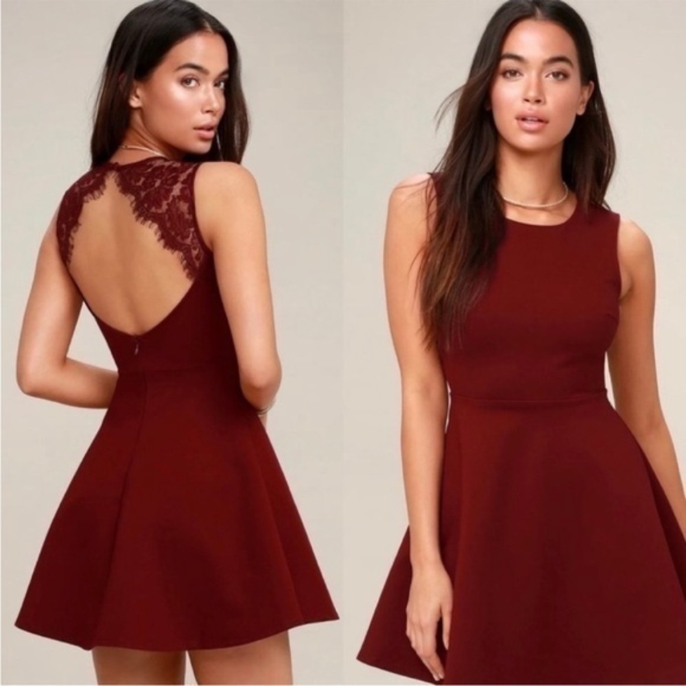 Lulu’s Need You Close Open Back Merlot Fit And Flare Skater Dress Sz Small NWT
